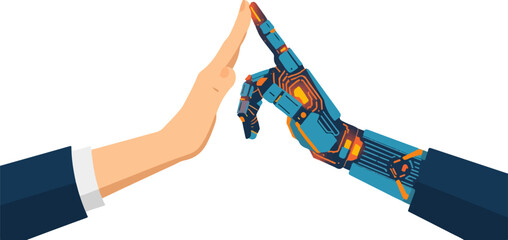 Human hand and robotic hand high five as a concept of artificial intelligence and human collaboration