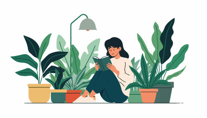 Woman sitting on floor and reading book in indoor garden with houseplants flat vector illustration