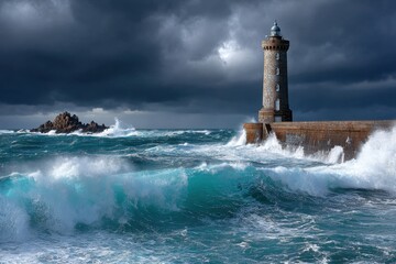 Lighthouse on stone pier during ocean storm with dark clouds