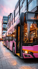 Obraz premium Modern city bus waiting at evening stop, glowing reflections in glass, public transport, urban mobility, comfort, cityscape. 