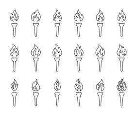 Set of outline burning torch icons. Minimalist vector line art flame symbols for games, freedom, ceremony, protest and celebration design