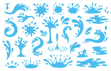 Set of blue water splashes and drops. Cartoon liquid splash collection, abstract fluid shapes and droplets isolated on white background