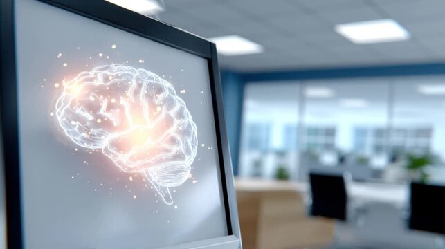Brain visualization on monitor with chaotic glowing particles light sparks appearing and fading. Technology driven motion background artificial intelligence healthcare data science presentations.