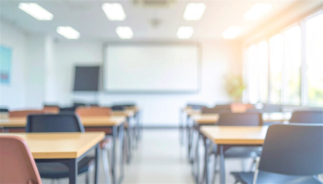 blurred empty classroom with rows of desks and chairs, a large whiteboard and bright windows symbolizing learning, teaching and academic environments