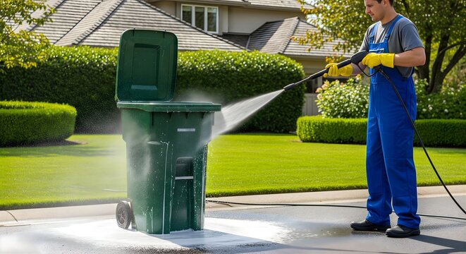 Worker in blue overalls and yellow gloves using high pressure water sprayer to clean green plastic waste bin on driveway outside suburban residential house with manicured green lawn and trees nearby