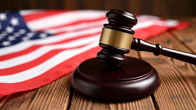 Gavel and flag on wood.