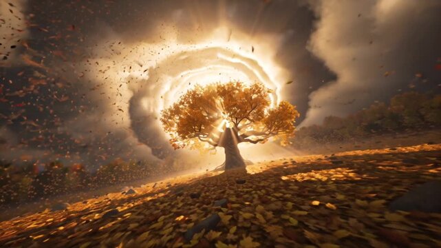 Cinematic 4K slow-motion video giant ancient oak tree during swirling autumn storm, leaves shedding slow motion, golden sunlight breaking storm clouds, dynamic wind vortex tree, flying dust leaf lens