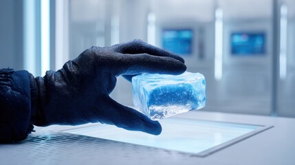 Hand Wearing Black Gloves Holding a Frozen Blue Ice Cube in a Modern Laboratory Setting
