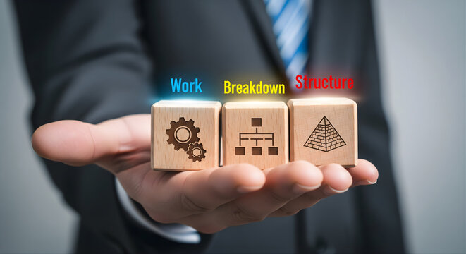 Work breakdown structure concept shown with wooden blocks and icons representing tasks hierarchy and project management for effective planning