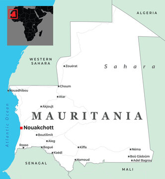 Political map of Mauritania showing major cities borders and regional context within Africa