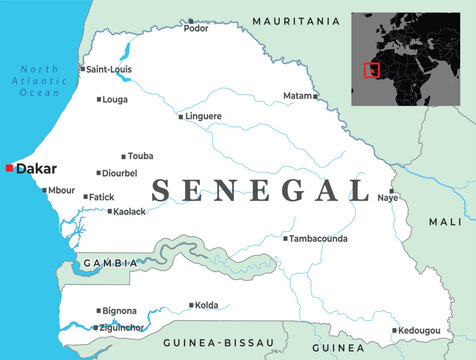 Political map of Senegal showing major cities, borders, and regional context within West Africa