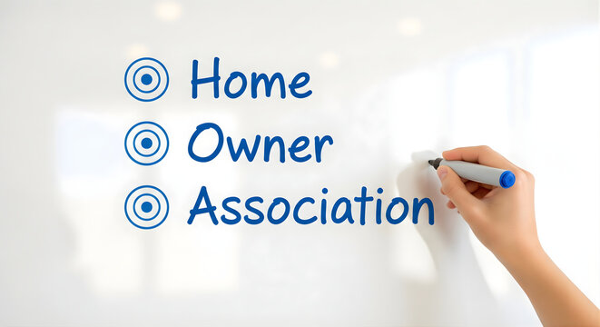 Hand holding marker writing home owner association on white board with circled bullet points blue text and simple design