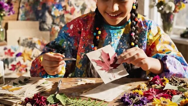 Someone making homemade bookmarks with pressed leaves, delicate design.