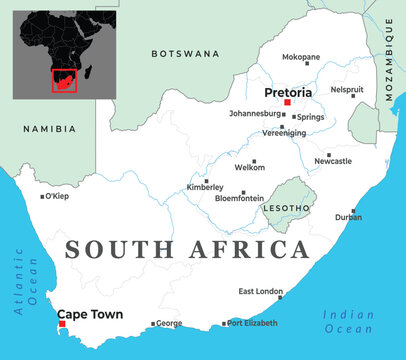 Political map of South Africa showing major cities, borders, and regional context within Africa