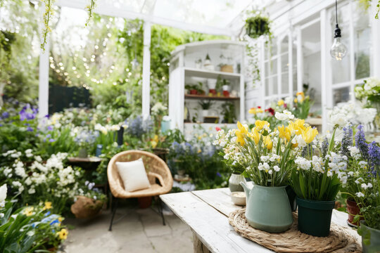 Bright glass garden room with spring flowers, potted plants, and lush greenery. Wicker seating and a wooden table, Provence-style indoor patio. Cozy design and home gardening concept.