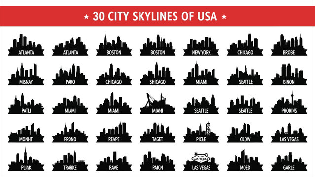 30 U.S. City Skyline Silhouettes Vector Set. Includes iconic skylines from major United States cities. Editable vector design for urban, travel, and architecture projects