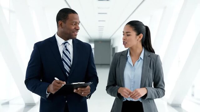 Two diverse business professionals walk through a modern, bright skybridge, engaging in an animated discussion. The man takes notes on a clipboard while the woman gestures, signifying a dynamic, coll