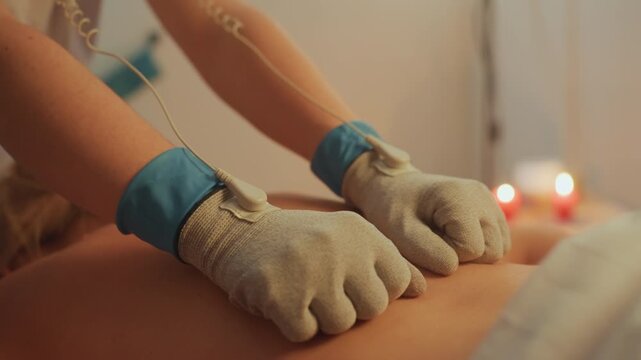 caucasian therapist performing microcurrent glove massage, warm candlelit spa room, closeup of gloved hands with electrode cables, gentle kneading and rhythmic strokes across client back, esthetician