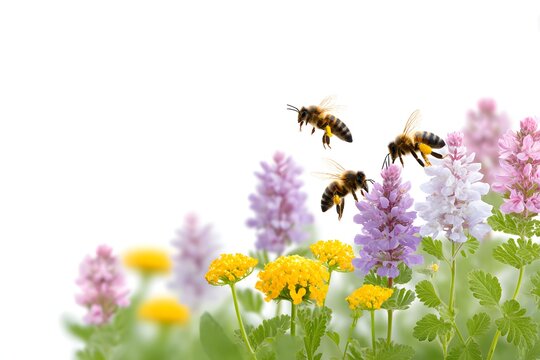 Bees gather nectar from vibrant flowers in a bright garden setting