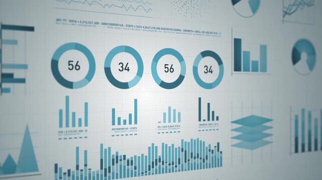 Business Stats On Computer Screen
Technology textured business and market data analysis and reports with infographics layout bar stats charts and diagrams