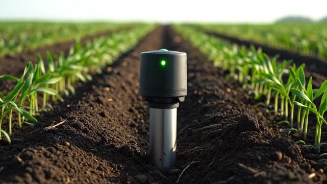 A static shot of an IoT soil sensor with a green indicator light planted in a field of young row crops, highlighting continuous environmental data collection for precision farming.