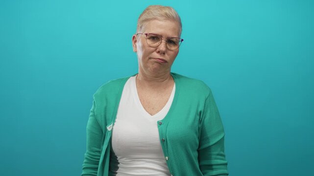 Woman wearing glasses and a green cardigan against a turquoise studio wall; displeasure resignation.