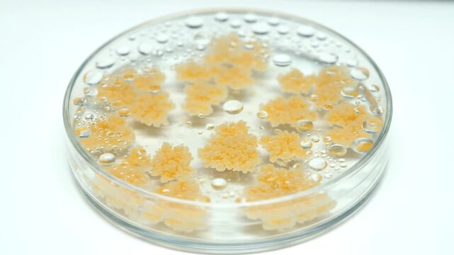 The video features a static, microscopic view of bright orange, snowflake-like microbial cultures suspended in a liquid medium inside a petri dish. Condensation droplets cling to the glass during thi