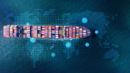 Aerial top view containers ship cargo business commercial logistic and transportation international import export by container freight cargo ship in the open seaport show ocean network on map.