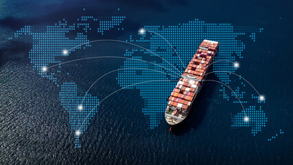 Aerial top view containers ship cargo business commercial logistic and transportation international import export by container freight cargo ship in the open seaport show ocean network on map.