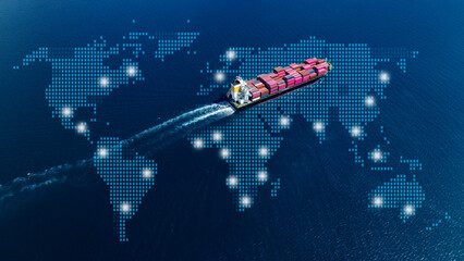 Aerial top view containers ship cargo business commercial logistic and transportation international import export by container freight cargo ship in the open seaport show ocean network on map.