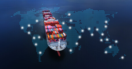 Aerial top view containers ship cargo business commercial logistic and transportation international import export by container freight cargo ship in the open seaport show ocean network on map.