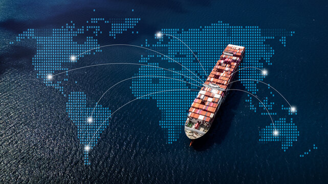 Aerial top view containers ship cargo business commercial logistic and transportation international import export by container freight cargo ship in the open seaport show ocean network on map.