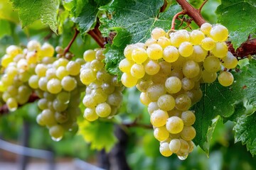 Close up of ripe green grapes on the vine