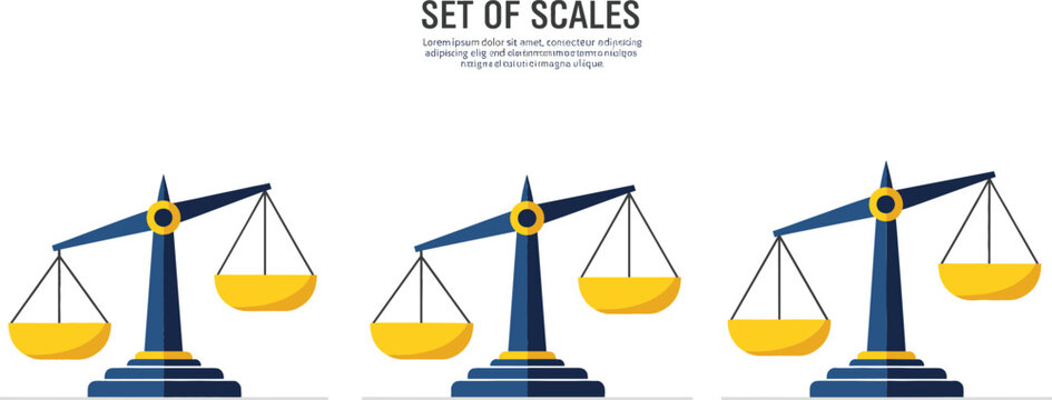Set of flat vector scales of justice icons for law, legal services, balance, judgment, equality, and financial stability concepts.