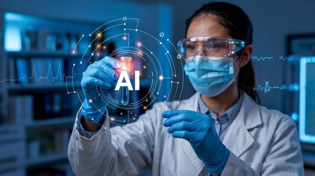 Scientist in protective gear examines glowing AI interface in futuristic lab