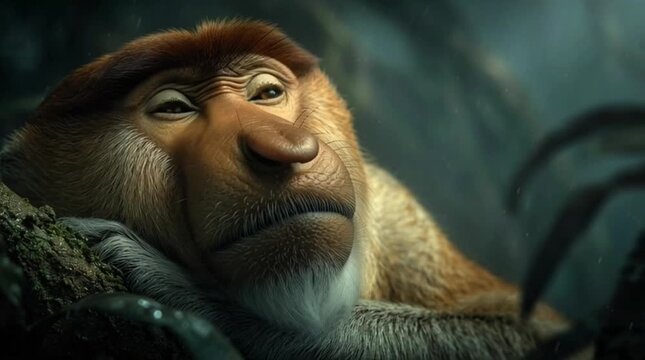 Unique Endemic Proboscis Monkey in Borneo Jungle