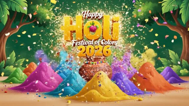Happy Holi 2026 Celebration Animation with Colorful Gulal Powders and Decorative Earthen Pots