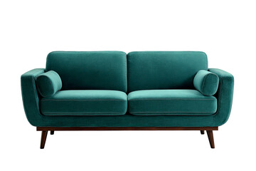 Fototapeta premium Teal Velvet Sofa with Rolled Arms and Wooden Legs Isolated on Transparent Background