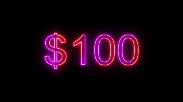 200 dollar counting number animation. Neon counts up dollar animation from 0 to 200 number. on a black background. and creating a stunning 4k video.