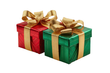 Obraz premium Two Christmas Gift Boxes, Red and Green, Tied with Gold Ribbon, Isolated on transparent background
