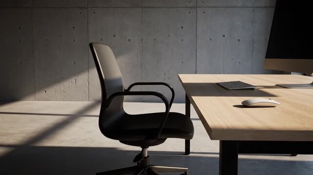 A modern, minimalist office space featuring a black ergonomic chair and wooden desk against a concrete wall. Strong, dynamic sunlight streams through the window, casting harsh shadows that shift subt