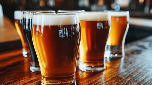 Row of various craft beer glasses featuring different ale styles with creamy foam heads displayed on a rustic wooden bar counter in a brewery