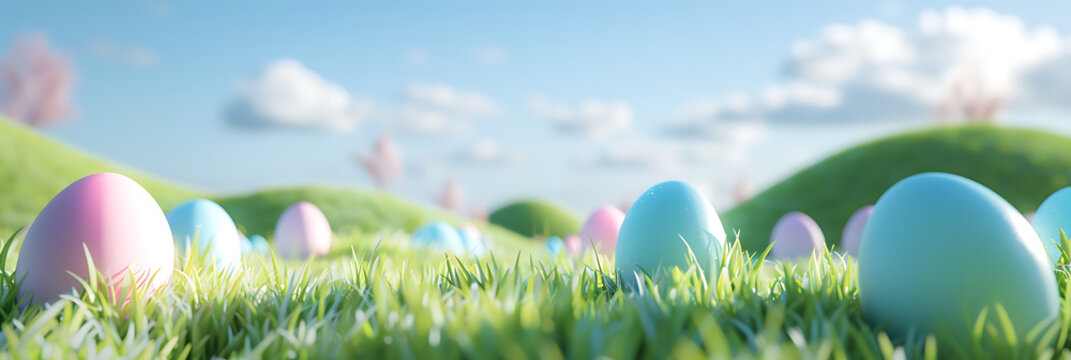 Easter fantasy landscape with giant eggs scattered on rolling green hills under blue sky clouds in surreal 3d rendering

