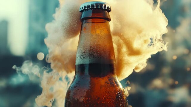 Cold refreshing craft beer bottle with condensation featuring a large dynamic explosion of frothy golden foam and mist around the cap