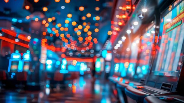 Luminous casino interior with rows of glowing gaming machines and blurred colorful lights creating a festive gambling environment