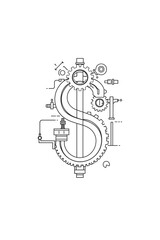 Mechanical Dollar Sign Symbol with Gears and Cogs, Abstract Outline Illustration of the Financial System and Economic Process