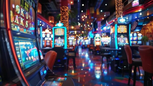 Vibrant casino interior at night displaying rows of glowing gaming machines and colorful sparkling lights creating an exciting gambling atmosphere