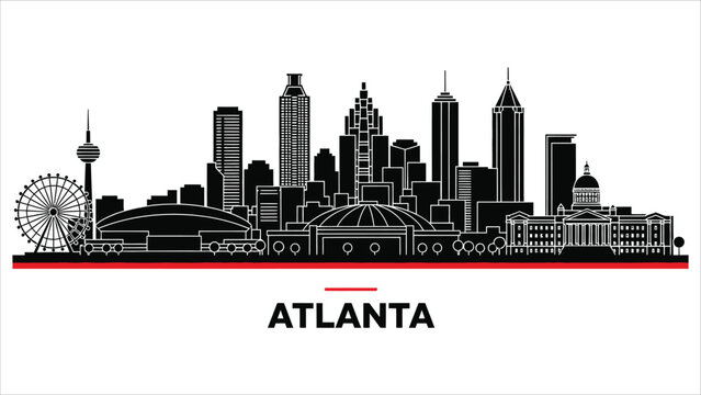 Atlanta city skyline horizontal banner. Black and white silhouette of Atlanta city, USA. Vector template for your design