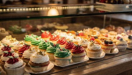 Fototapeta premium Medium shot showcasing a bakery glass case filled with colorful cupcakes and tarts during a holiday season service counter subtly blurred to draw attention to the festive baked