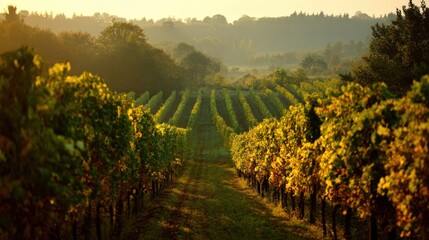 Fototapeta premium Scenic vineyard landscape during sunset with lush green grape rows